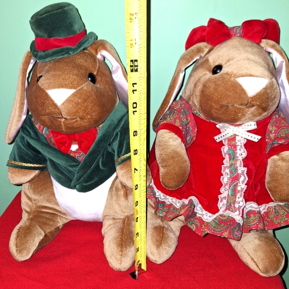 Christmas Rabbit Pair Velveteen Plush Vintage 1980's Boy & Girl 14" Toys R Us - Picture 4 of 16